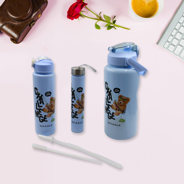 Plastic Water Bottle 3pc Set,3  Different Size Bottle High Quality Water Bottle Plastic Water Bottle BPA-Free & Leak-Proof!  Cartoon Printed Design for Kids' School, For Fridge, Office, Sports, School, Gym, Yoga (3 Pc Set) Your Brand