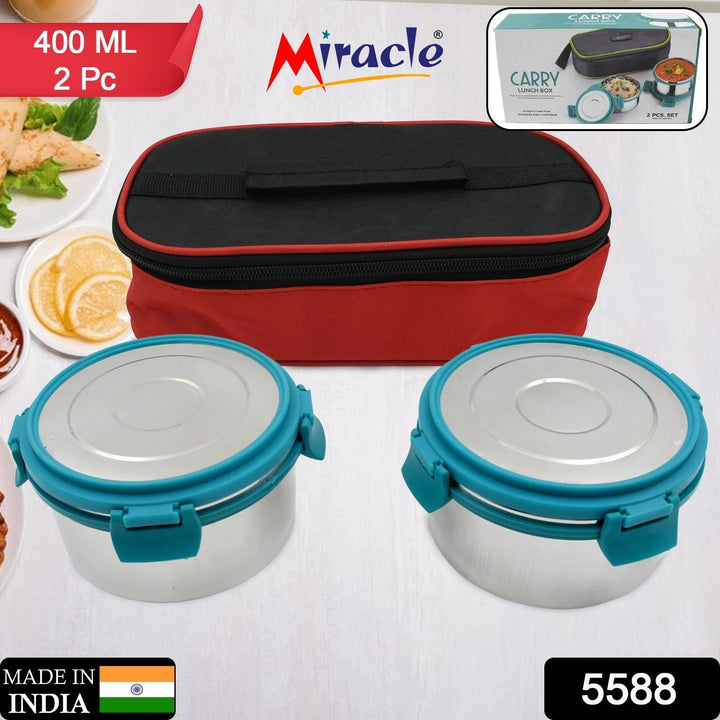 Miracle Carry Lunch Box Microwave Safe Lunch Box With Insulated Bag 2 Compartment Lunch Box (400 ML / 2 pc) Your Brand