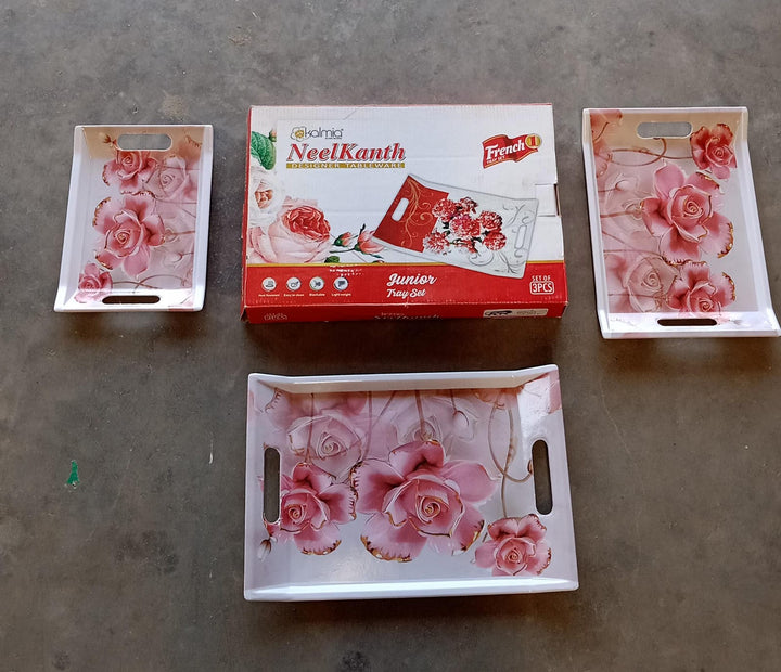 Plastic Rectangular Shape Flower Printed Design Serving Tray 3 pcs Home and Kitchen Use (3 pcs set) Your Brand