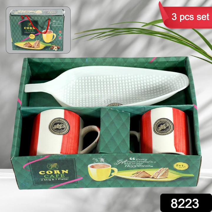 Corn Cafe Ceramic Tea / Cups Set Including Plastic Leaf Shape Serving Platter Milk Cup, Coffee Cup, Tea Cup, Breakfast Cup / Mug, or Outdoor for Household Gift For Birthday (3 Pcs Set) Your Brand