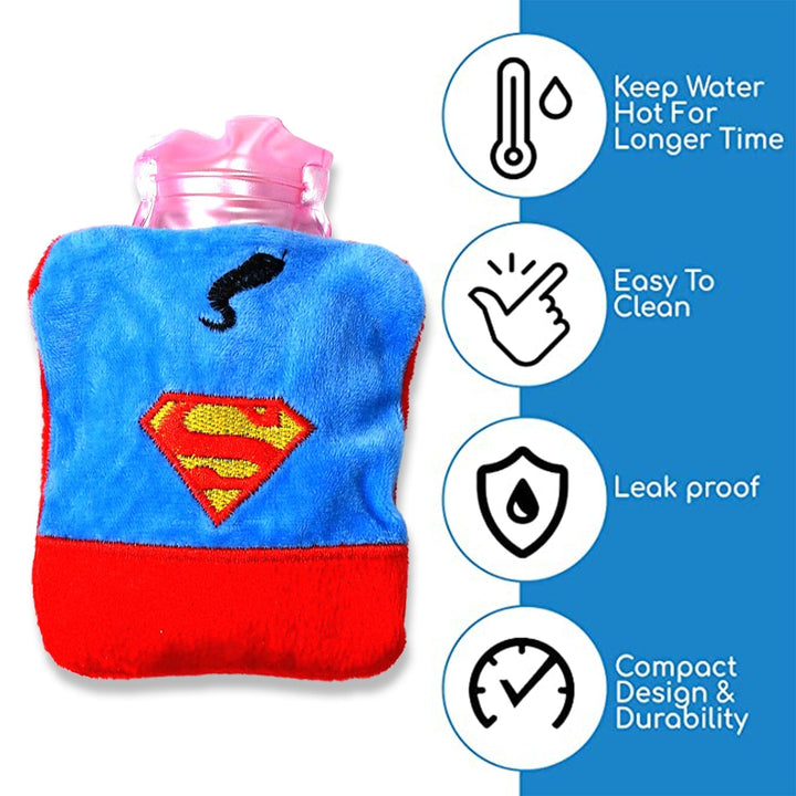 Superman Print Small Hot Water Bag with Cover for Pain Relief Your Brand