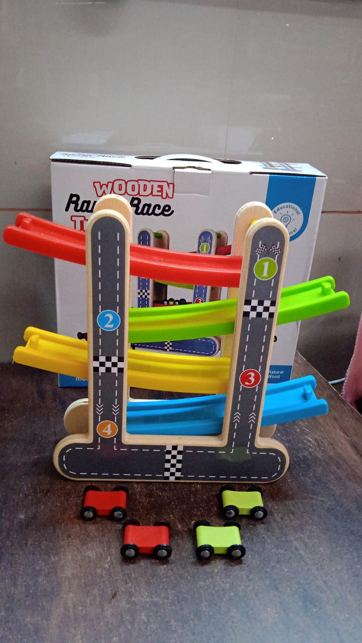 Car Racer Track Play set Wooden Click Clack Toys With 4 Mini Racers (1 Set) - TezCart