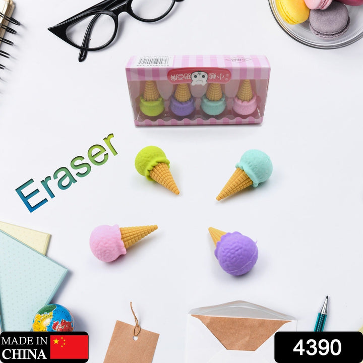 Cone Eraser for Girls & Boys / Eraser for School B'Day Return Gift Party Doughnut Lollipop Ice Cream Theme Shape Erasers Pencils Set for Kids Educational Stationary kit, School Supplies (1 Set 4 Pc) Your Brand