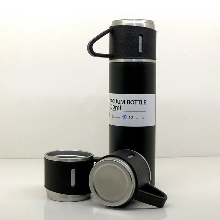 Stainless Steel Vacuum Flask Set with 3 Steel Cups Combo for Coffee Hot Drink and Cold Water Flask Ideal Gifting Travel Friendly Latest Flask Bottle. (500ml) Your Brand