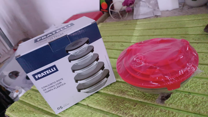 Modern Glass Bowl Set, Mixing / Storage Bowls with Red Lids (5 Pcs Set) - TezCart