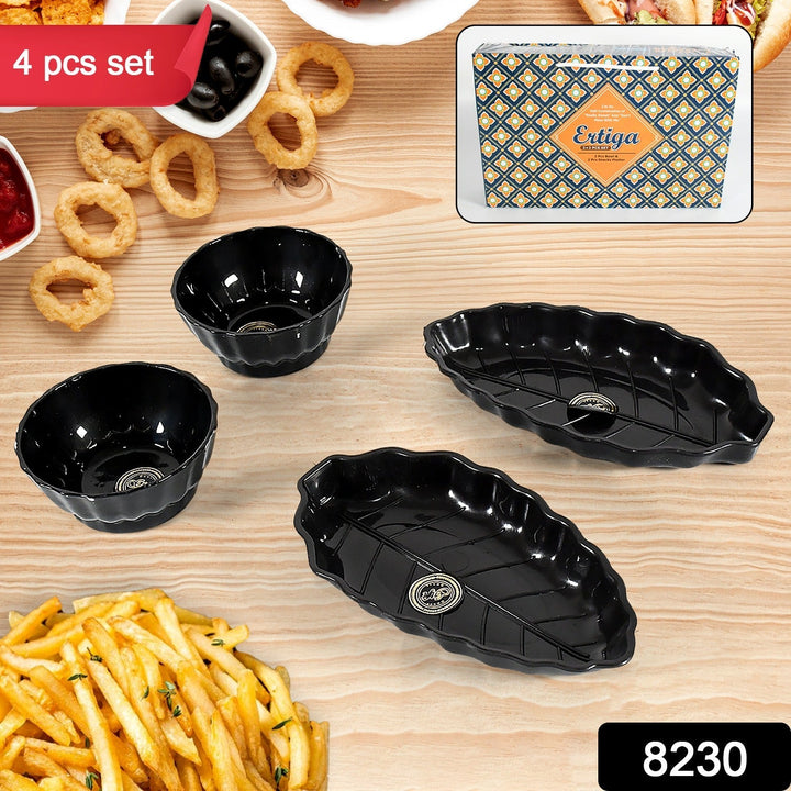 Ertiga Round Ceramic Bowl With Plastic leaf shape Serving platter Portable, Lightweight Breakfast, Serving Bowl | Highly Durable Material | Ideal for Rice, Pasta, Desserts Home & Kitchen Serving Bowl & platter (4 Pcs set) Your Brand
