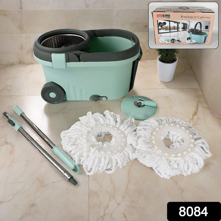 Ganesh Quick Spin Mop Steel Spin, Bucket Floor Cleaning, Easy Wheels & Big Bucket, Floor Cleaning Mop With Bucket, 2 Micro fiber head / Refill Your Brand