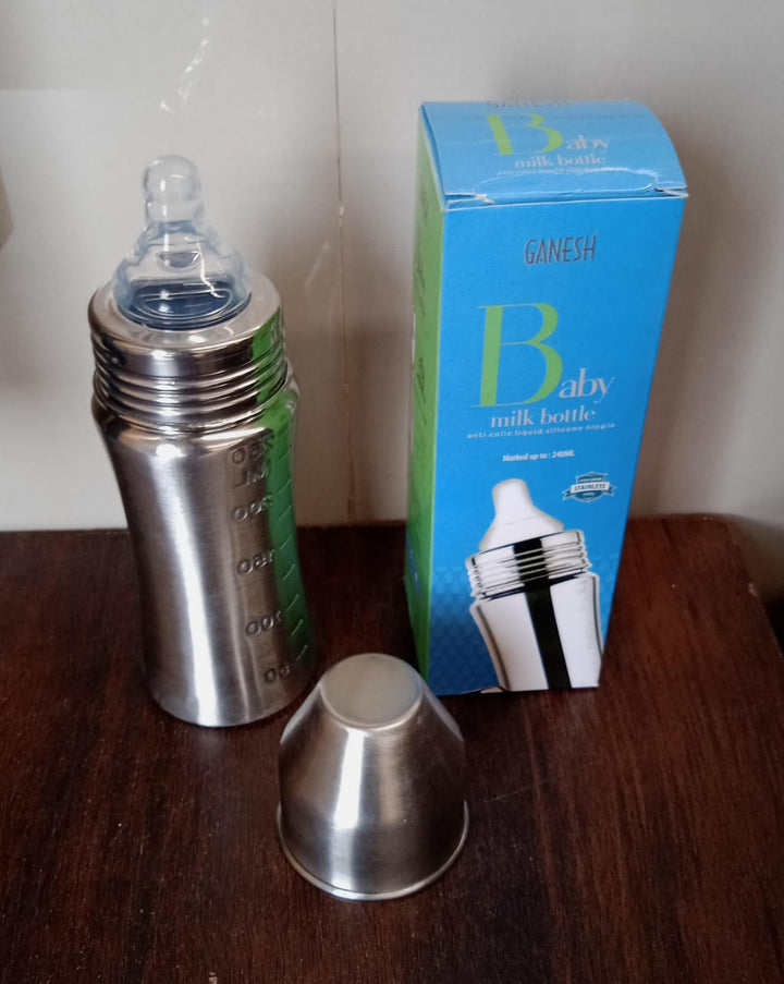 Ganesh Stainless Steel Baby Feeding Bottle, Milk Bottle for New Born / Infants / Toddler Up to 3 Years, BFA Free (250 ML Approx) Your Brand