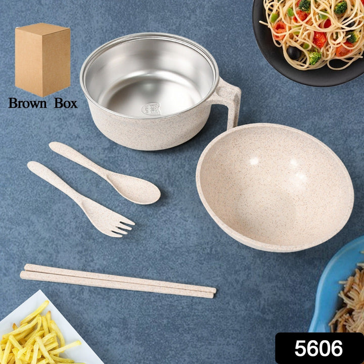 Rice Bowl Noodle 1 Bowl with 1 Lid and Handle Wheat Straw Noodle Bowls with Wheat Straw 1 Fork, 2 Chopsticks, 1 Spoon for Soup Salad Snack Set (6 Pcs Set) Your Brand