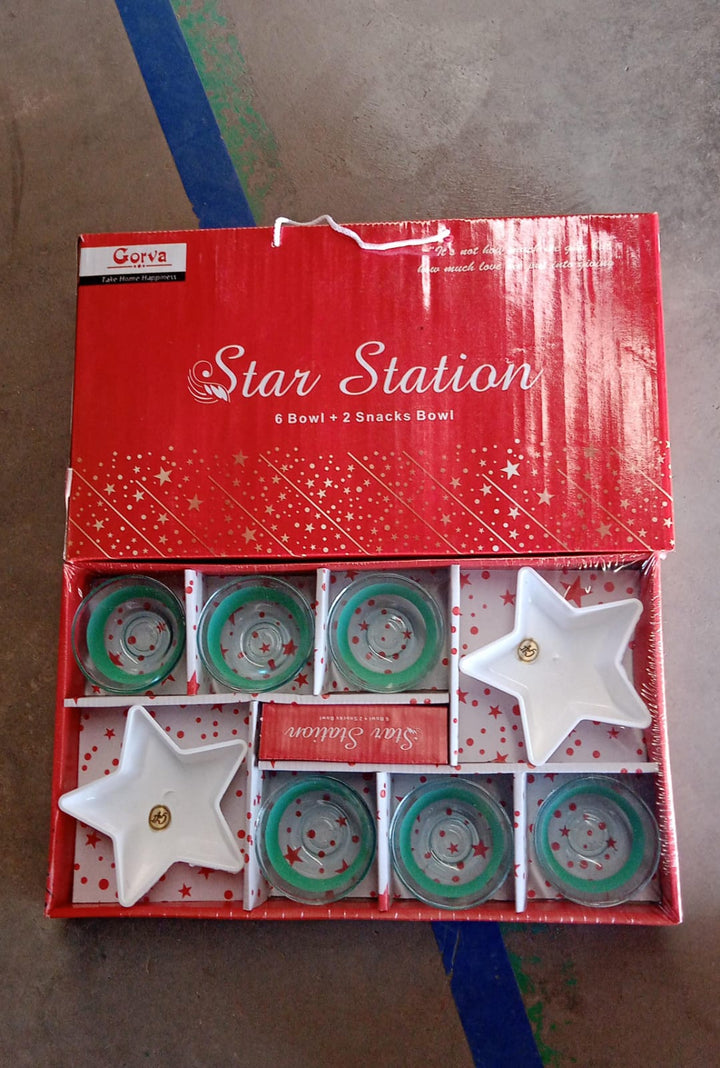 Star Station High Quality 6 Pc Glass Bowl & 2 Pc Plastic Star Shape Snack Bowl Set (8 Pcs Set) - TezCart