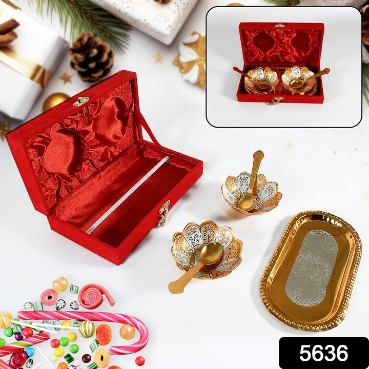 5in1 Gold Silver Plated 2 Bowl 2 Spoon Tray Set Brass with Red Velvet Gift Box Serving Dry Fruits Desserts Gift Your Brand