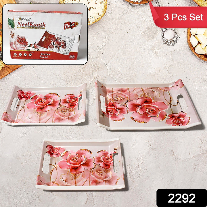 Plastic Rectangular Shape Flower Printed Design Serving Tray 3 pcs Home and Kitchen Use (3 pcs set) Your Brand