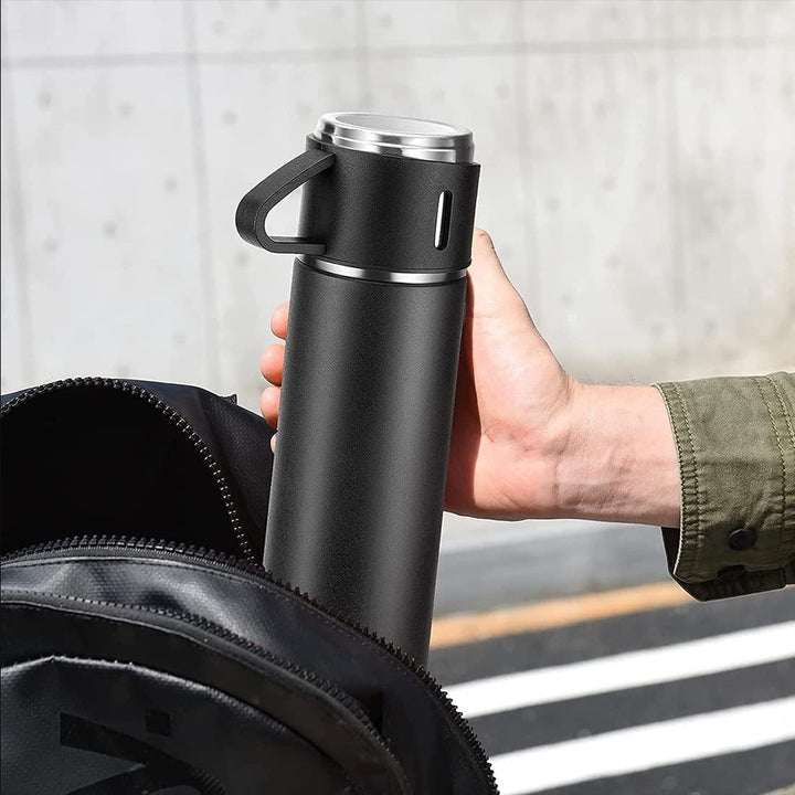 Stainless Steel Vacuum Flask Set with 3 Steel Cups Combo for Coffee Hot Drink and Cold Water Flask Ideal Gifting Travel Friendly Latest Flask Bottle. (500ml) Your Brand