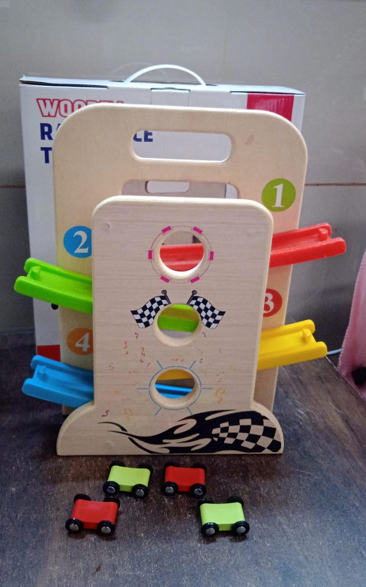 Wooden Ramp Racer Race Track Vehicle Play sets With 4 Mini Racers (with Handle) - TezCart