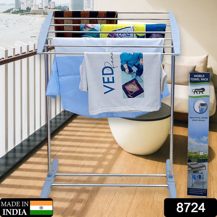 Multi-Functional Single Tier Mobile Towel Foldable Rack for Cloth and Towel / Stainless Steel and Plastic Made Mobile Towel and Cloth Rack Holder Indoor / Outdoor Standing Movable Cloth Dryer Rack, Balcony Cloth Drying Stand Your Brand