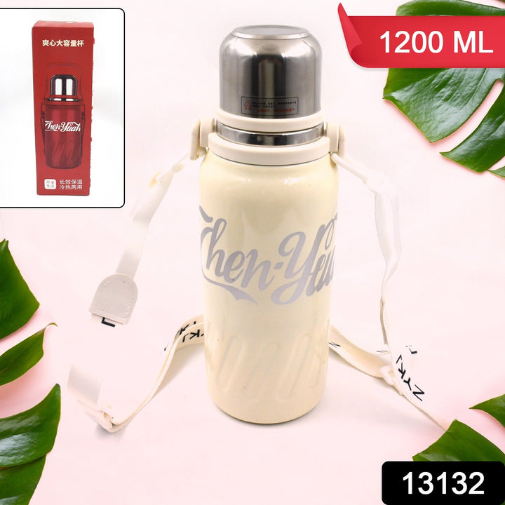 Stainless Steel Vacuum Insulated Water Bottle | Leak Proof Flask for Tea Coffee | Reusable Water Bottle with Hanging Strap | Bottle for Hot & Cold Drinks Wide Mouth Water Flask 1200 ML Your Brand