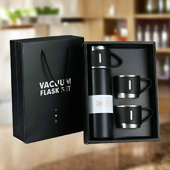 Stainless Steel Vacuum Flask Set with 3 Steel Cups Combo for Coffee Hot Drink and Cold Water Flask Ideal Gifting Travel Friendly Latest Flask Bottle. (500ml) Your Brand