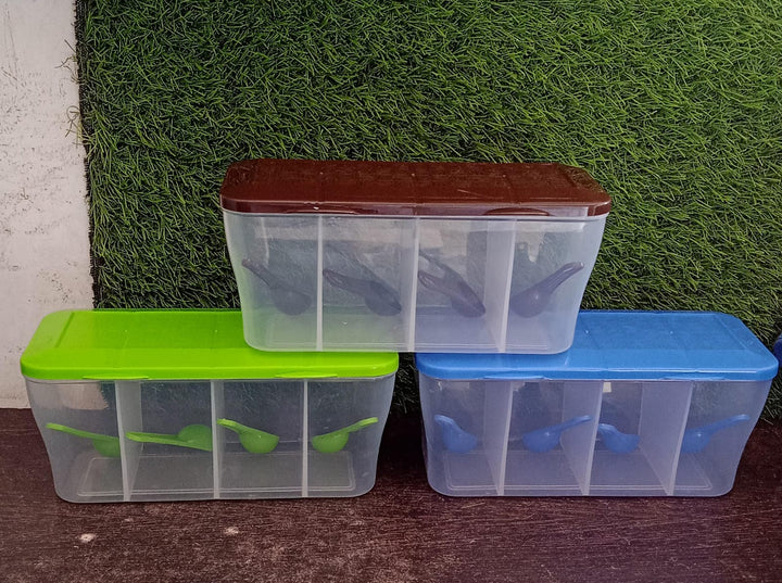 Kitchen Multipurpose Air-tight 4 Sections Storage Containers / Pickle (Achar) Jar with 4 spoon for each section (1 Pc / Mix Color) Your Brand