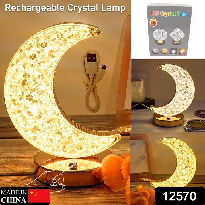 Crystal Table Lamp | Moon Shape Touch Control Lamp with 3 Color | Metal Bedside Lamp for Kids Bedroom Romantic Desktop Nightstand | Stepless Dimming USB Charging Touch Night Light Your Brand