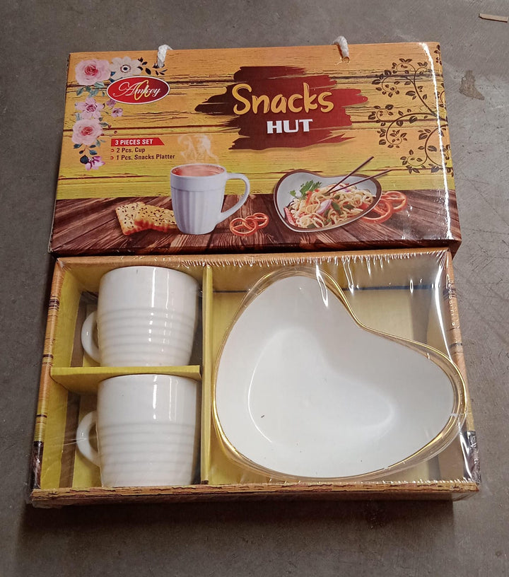 Snacks Hut Ceramic Tea / Cups Set With Heart Shape Plastic Serving Platter, Milk Cup / Mug, Coffee Cup, Tea Cup BPA Free Food Grade, or Outdoor for Household Gift For Birthday (3 Pcs Set) Your Brand