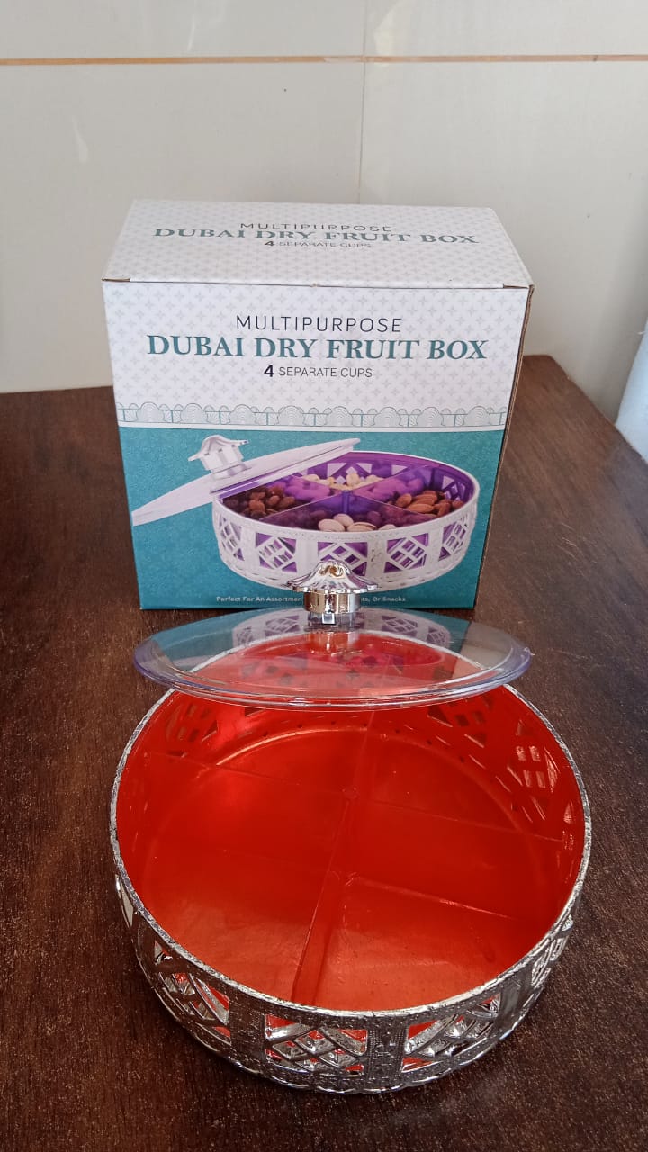 Multipurpose Dry Fruit Box 4 Section Dry Fruit Round Silver Gift Box (1 Pc) - TezCart