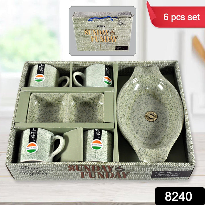 Sunday Funday Ceramic Tea / cups / Mug With Plastic Snacks Platter and 2 compartment Chutney Bowl Milk Cup, Coffee Cup, Breakfast Cup, Drinking Mug or Outdoor for Household, Gift for Birthday, Wedding Party (6 Pcs set) Your Brand