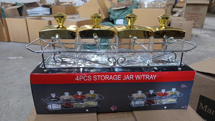 Storage Jar Set One Set with 4 Jars with Lids, Tray & 4 Spoon for Coffee, Tea, Sugar for Storage jar With Tray for Home Kitchen Your Brand