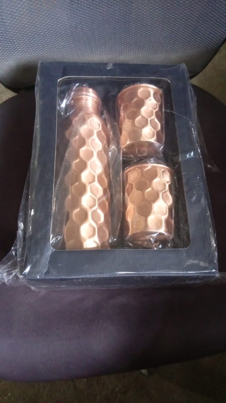 Diamond Cut Copper Water Bottle 2 Glasses with Gift Box (3 Pcs Set) - TezCart