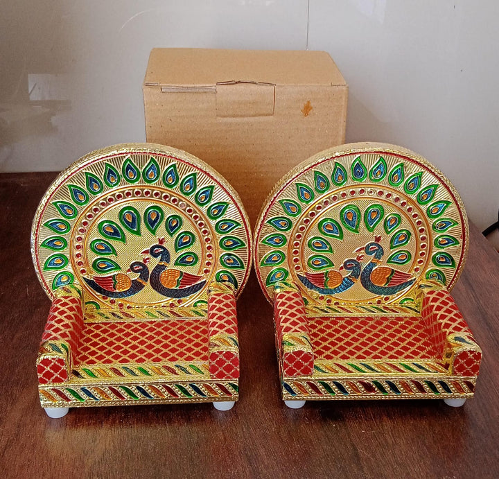 Meenakari Work Laddu Gopal Singhasan for Pooja Mandir Wooden Krishna Ladoo Bal Gopal Sofa Asan, Home Decorative Premium Look Decorative Singhasan Suitable For Home, Office, Restaurant (2 Pc Set) Your Brand