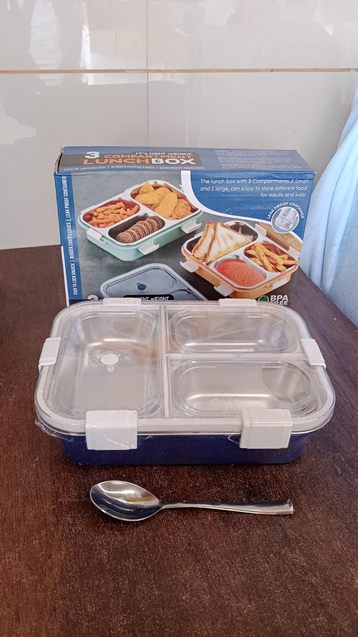 3 Compartment Transparent Stainless Steel Lunch Box for Kids, Tiffin Box, Lunch Box, Lunch Box for Kids, Insulated Lunch Box, Lunch Box for Office Women and Men, Stainless Steel Tiffin Box for Boys, Girls, School Office (Multi Color) Your Brand