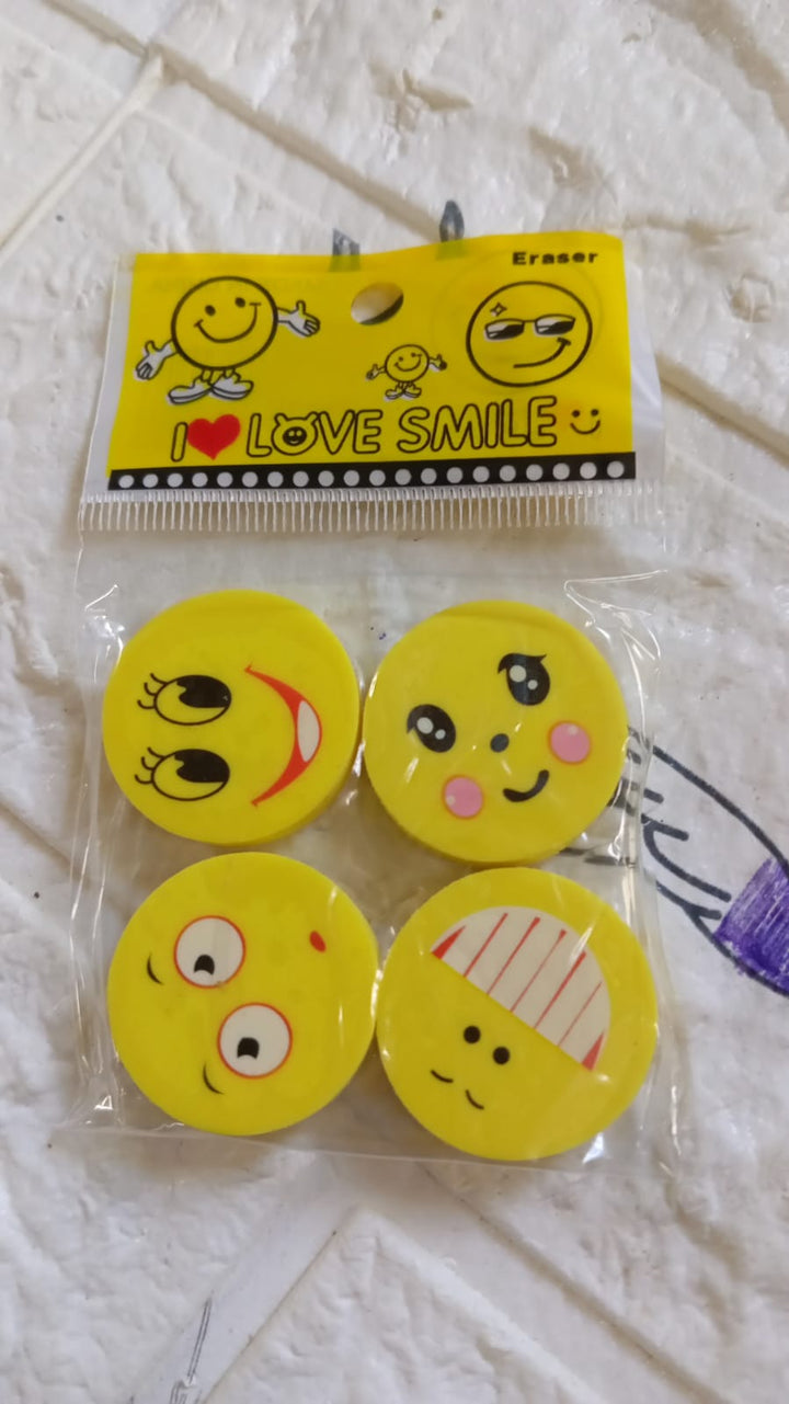 Cute Smile Emoji Erasers, Cute Smile Face Rubber Eraser Dentist Dental Clinic School Kid for School Going Kids/Birthday Party Return Gift Set (4pc Set) Your Brand