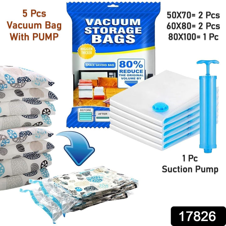 Vacuum Storage Bags with Suction Pump & Shirt clips - Vacuum Bags - Big Capacity Vacuum Seal Bags for Travel Clothes Blankets Pillows, Compression Bags | Space Saver Vacuum Storage Bags (5 Pcs Set) Your Brand