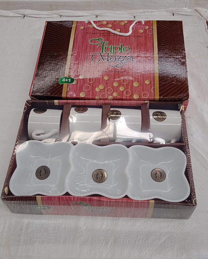 Triple Mazza Ceramic Tea / Cups Set Including 3 Compartment Plastic Serving Platter (4 Pcs Set) - TezCart