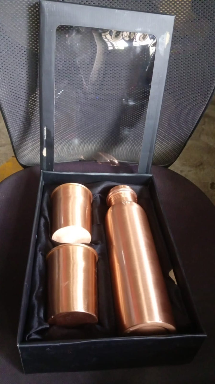 Copper Water Bottle 2 Glasses with Gift Box (3 Pcs Set) - TezCart