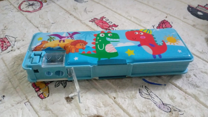 Plastic Multipurpose Compass Box – Double Deck Pencil Case with 2 Compartments & Cartoon Organizer (1 Pc, Mix Design) Your Brand