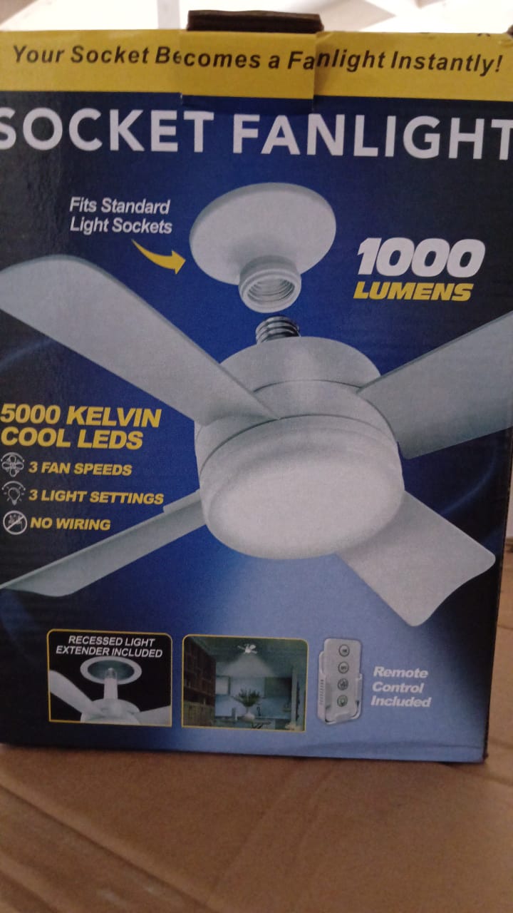 Socket Fan Light Original - Cool Light LED – Ceiling Fans with Lights and Remote Control, Replacement for Lightbulb - Bedroom, Kitchen, Living Room,1000 Lumens / 5000 Kelvins Cool LEDs (Remote Battery Not Included) Your Brand