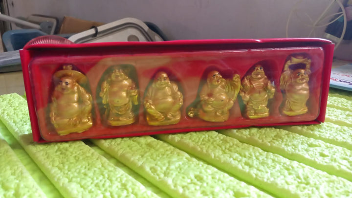 Golden Laughing Buddha Set Of Six Pieces Statue For Happiness, Wealth & Good luck Decor For Wealth and Success (6 Pcs Set) Your Brand