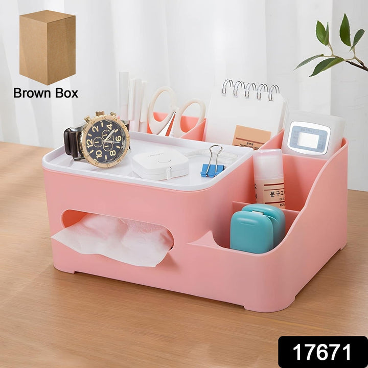 Tissue Paper Storage Holder, Stationery Storage Remote Control, Decorative Pen, Pencil, Napkin, Mobile Phone Multi-Function Desk Storage Organizer for Home and Office (6 Compartment) Your Brand