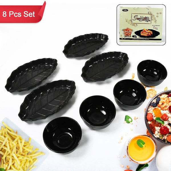 Invitation Round Ceramic Snacks Bowl With Plastic Leaf shape Serving platter Portable, Lightweight Breakfast, Serving Bowl | Ideal for Rice, Pasta, Desserts Home & Kitchen Serving Bowl & platter (8 Pcs set) Your Brand