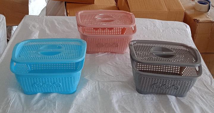 Multipurposes Plastic Basket, Organizer for Kitchen, Countertop, Cabinet, Bathroom with Lid, Plastic Storage Basket For Store Fruits, Vegetables, Magazines, Cosmetics, Stationary (1 Pc / Mix Color ) Your Brand