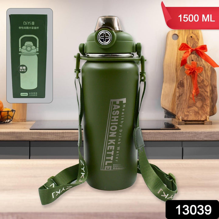 Stainless Steel Water Bottle with Straw, Strap & Handle  Vacuum Insulated Thermos Flask Double-Walled Coffee Thermos Flask Leak-proof Water Bottle for Sports, Fitness, Gym (1500ML) Your Brand