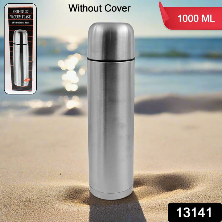 Vacuum Flask Without Cover, 18/8 Stainless Steel | Hot and Cold Water Bottle with Push-Down Lid | Double Walled Stainless Steel Bottle for Travel, Home, Office, School, Picnic (1000 ML / Without Cover) Your Brand