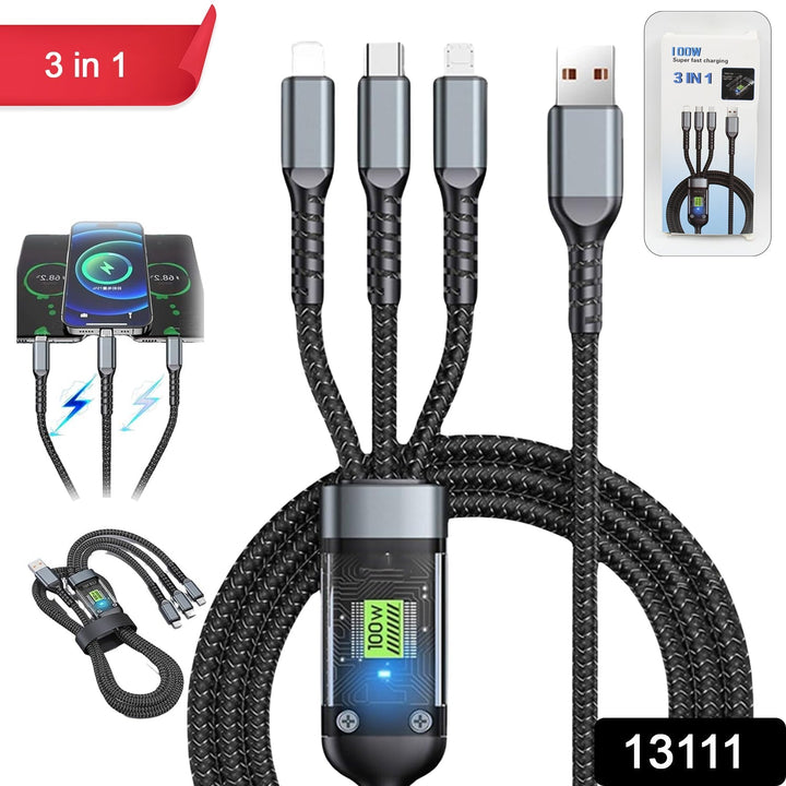 3-in-1 Super Fast Charging Cable 100w, Multifunctional Convenient Super Fast Charging Cable Nylon Braided Cord, 3-in-1 Silicone Zinc Alloy 3 Head Charging Cable Your Brand